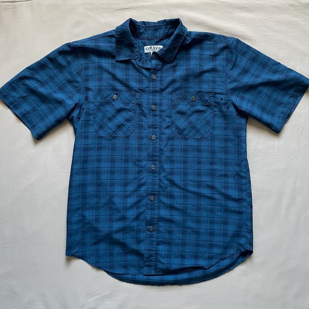 Orvis Men's Blue Plaid Short Sleeve Performance Material Shirt Size Medium
